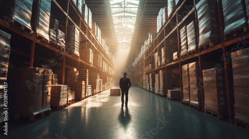 Customs officer inspecting goods in a bonded warehouse, highlighting regulatory compliance, close up, secure storage verification, dynamic, composite, warehouse aisle backdrop photo