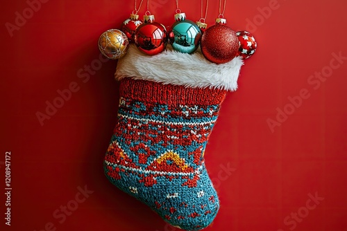 Christmas stocking filled with colorful ornaments hanging against red background