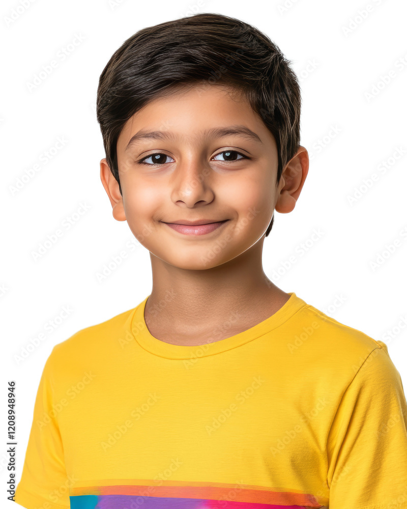 Cheerful Young Boy in Yellow Shirt Smiling Confidently in Studio Cheerful Young Boy in Yellow Shirt Smiling Confidently in Studio