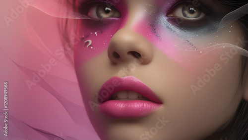 women face is covered with pink lace mask with paint ai generative 