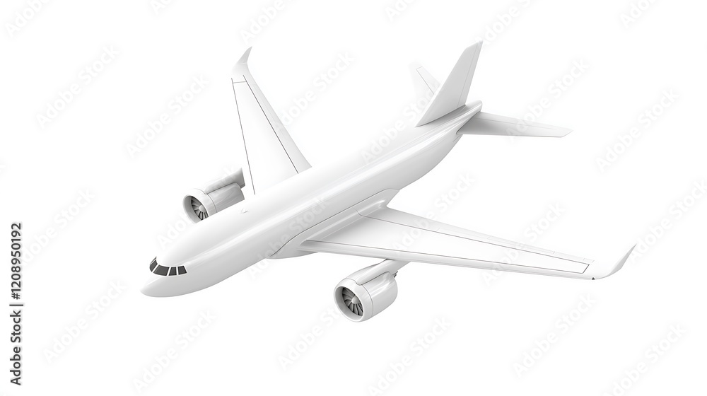 A jumbo jet flying with ease across a white background, showcasing its large wingspan, fuselage, and engine design A jumbo jet flying with ease across a white background, showcasing its large wingspan, fuselage, and engine design