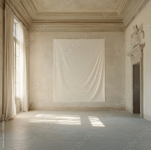 the interiors of a minimalist abandoned soft beige villa from the 1690s with a large plain wall covered in white blank textured paper photo