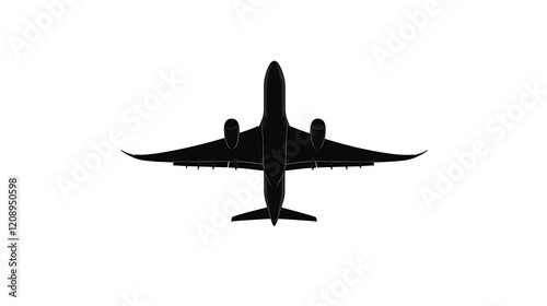 A crisp black silhouette of an airplane flying against a smooth white background, capturing the sleek shape and wingspan