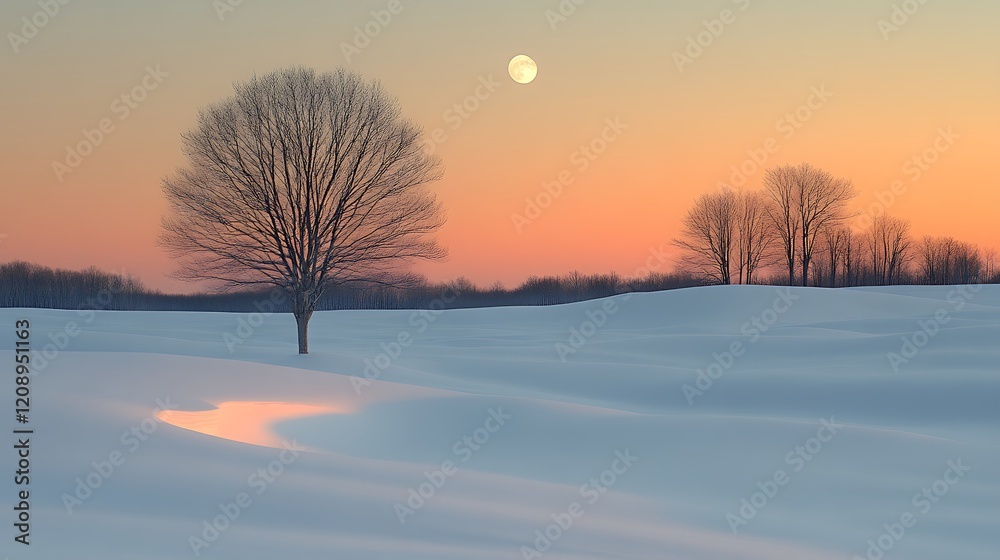 Winter sunset landscape with snow, trees, and moon. Winter sunset landscape with snow, trees, and moon.
