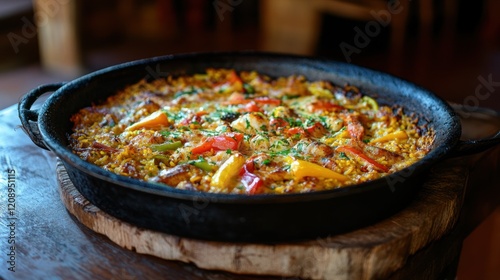 Delicious Spanish Paella in a Rustic Pan photo