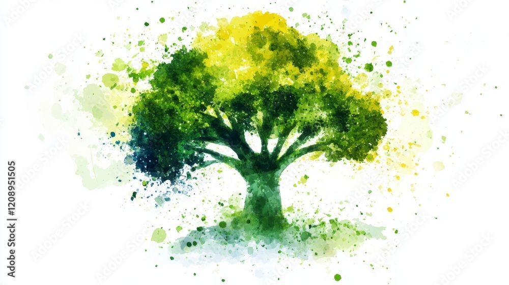 Naklejka premium Vibrant Watercolor Tree with Lush Leaves and Colorful Splashes