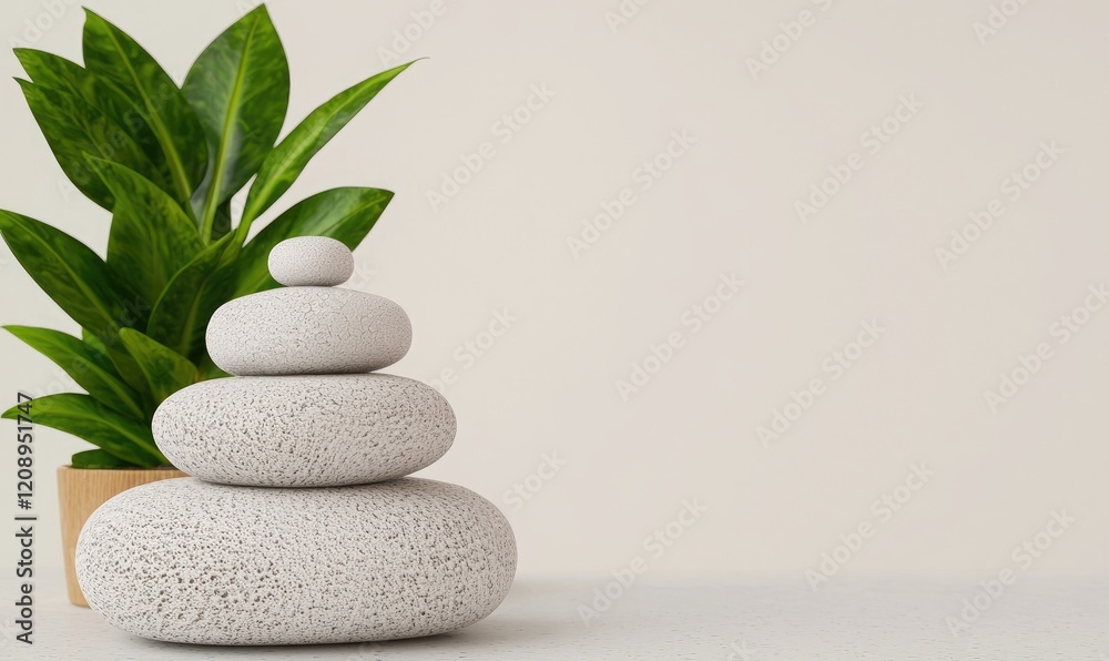 Zen-inspired stones with green plant creating a calming home decor atmosphere. Zen-inspired stones with green plant creating a calming home decor atmosphere.