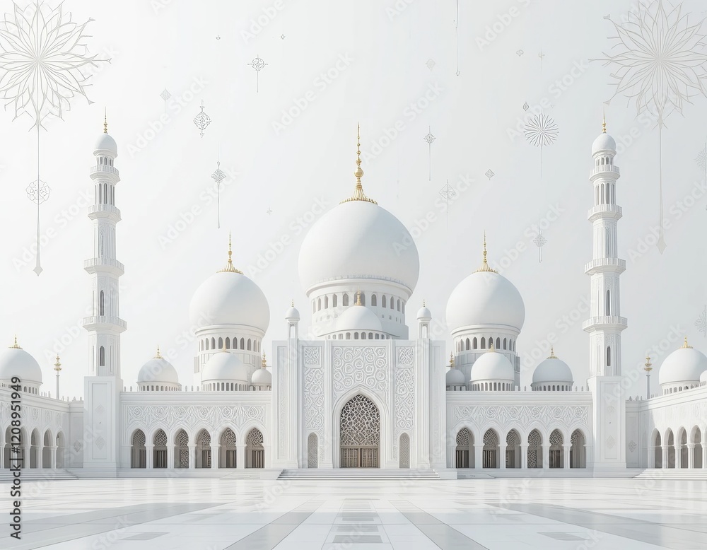 Fototapeta premium 3D Concept of a white mosque with intricate white domes and towers surrounded by a white environment. The concept for Eid Mubarak, Ramadhan, Moslem holiday