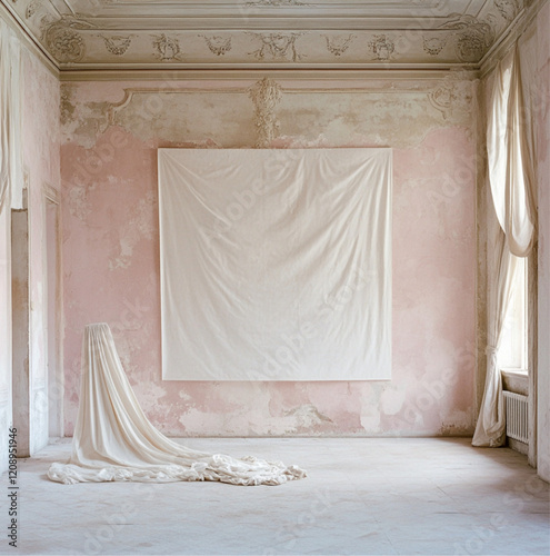 the interiors of a minimalist abandoned soft pink villa from the 1690s with a large plain wall covered in white blank textured paper photo