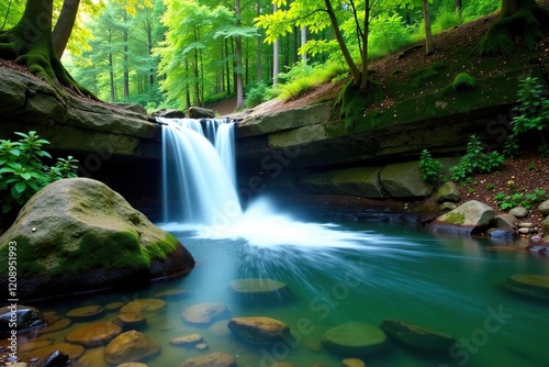 Waterfall cascading into a crystal-clear stream, forest, peaceful photo