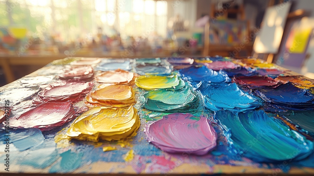 Colorful Paint Palette in Artist Studio with Vibrant Hues Colorful Paint Palette in Artist Studio with Vibrant Hues