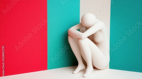 Aesthetic Representation of Isolation and Reflection in Minimalist Art with a Solitary Figure Against Bold Geometric Backgrounds of Red, Teal, and Beige Colors photo