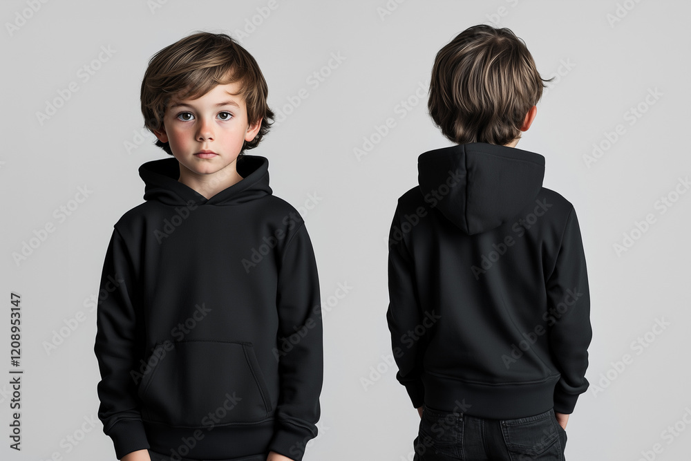Fototapeta premium boy wearing a black long-sleeve hoodie sweatshirt mockup front and back used as a design template 