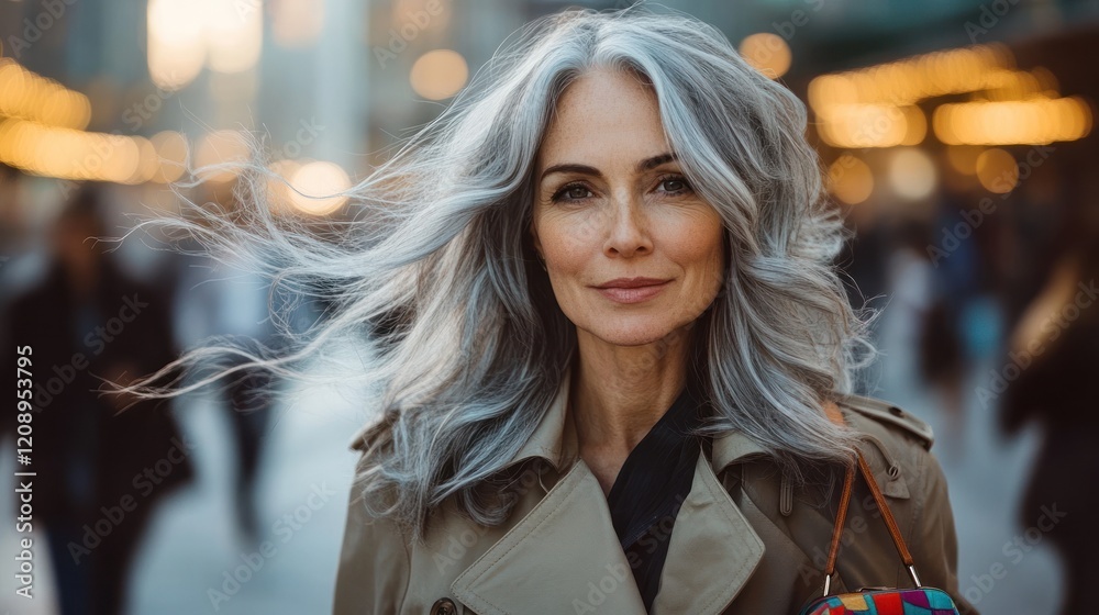 Elegant woman with silver hair in bustling city street Elegant woman with silver hair in bustling city street