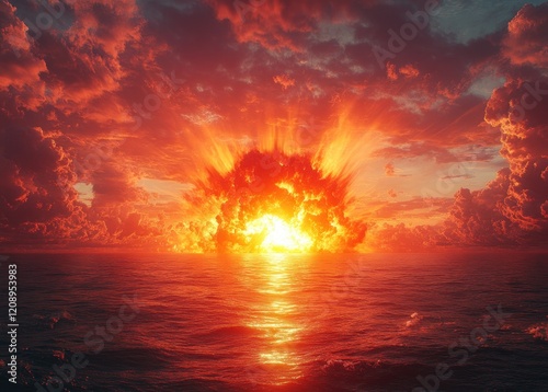 Nuclear Explosion Over Ocean Dramatic Fireball Detonation Catastrophe Apocalypse photo