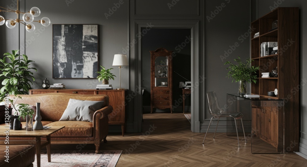 Fototapeta premium Modern mid Century and vintage interior of living room ,blue lounge chair with wood cabinet