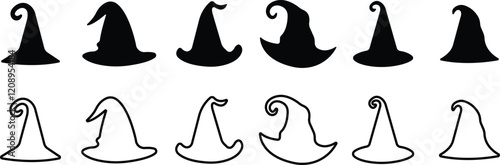 Magic Wizard Witch Hats showing cap a black witch hat icon in flat line set isolated on a transparent background. Halloween holiday Vector Design for apps or website