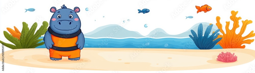Naklejka premium Cute cartoon hippo wearing diving suit on sandy beach with colorful coral and sea vegetation, surrounded by playful fish in a vibrant underwater landscape