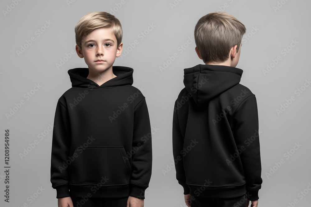 boy wearing a black long-sleeve hoodie sweatshirt mockup front and back used as a design template boy wearing a black long-sleeve hoodie sweatshirt mockup front and back used as a design template
