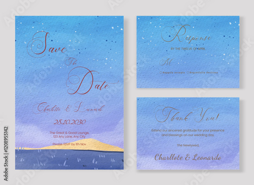 Set of Wedding Invitation with Watercolor Elegant Night Sky and Floral Field Nature Landscape