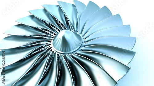 A focused image of an aircraft propeller with intricate detailing, highlighting the smooth curvature of the blades against a white background