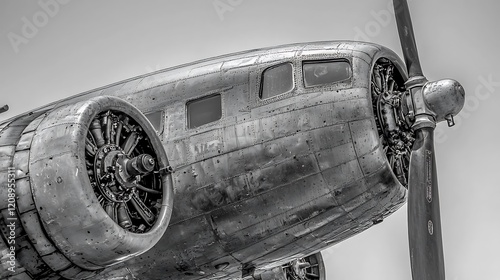 A sharp close-up of a vintage aircraft propeller, focusing on the propeller blades and hub assembly, isolated on a clean white background