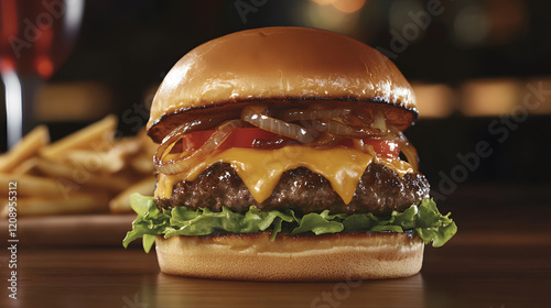 gourmet steak burger featuring thick cut steak patty, melted cheese, caramelized onions, fresh lettuce, tomato, and glossy brioche bun, served with fries in cozy setting