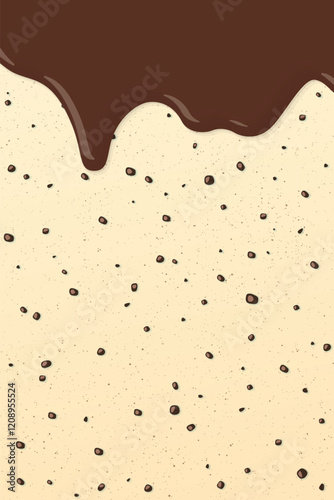 Melt chocolate pouring on vanilla chocolate chip ice cream texture vertical background graphic illustration.