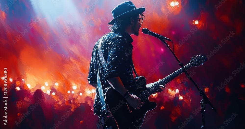 Vibrant Concert Scene with Male Singer Playing Guitar in Dramatic Neon Lights at Music Festival Vibrant Concert Scene with Male Singer Playing Guitar in Dramatic Neon Lights at Music Festival