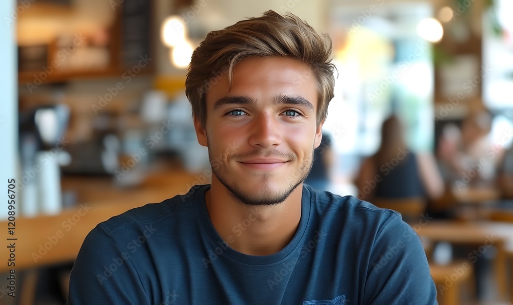 Happy young man smiling in cafe.