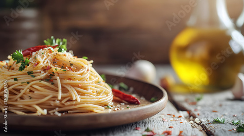 plate of spaghetti aglio e olio garnished with chili flakes, parsley, and grated cheese, served on rustic wooden table with olive oil in background