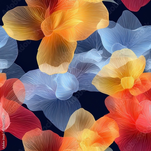 Vibrant Floral Pattern with Colorful Petals and Delicate Lines on Dark Background for Abstract Design