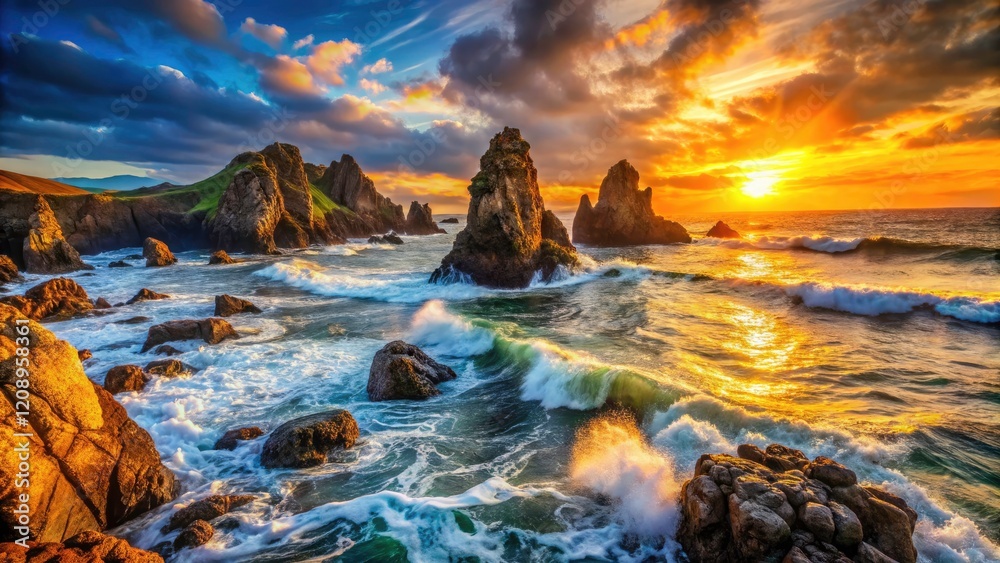 Obraz premium Dramatic Rocky Coastline Photography: Stunning Ocean Views, Rugged Cliffs, Coastal Landscape Images