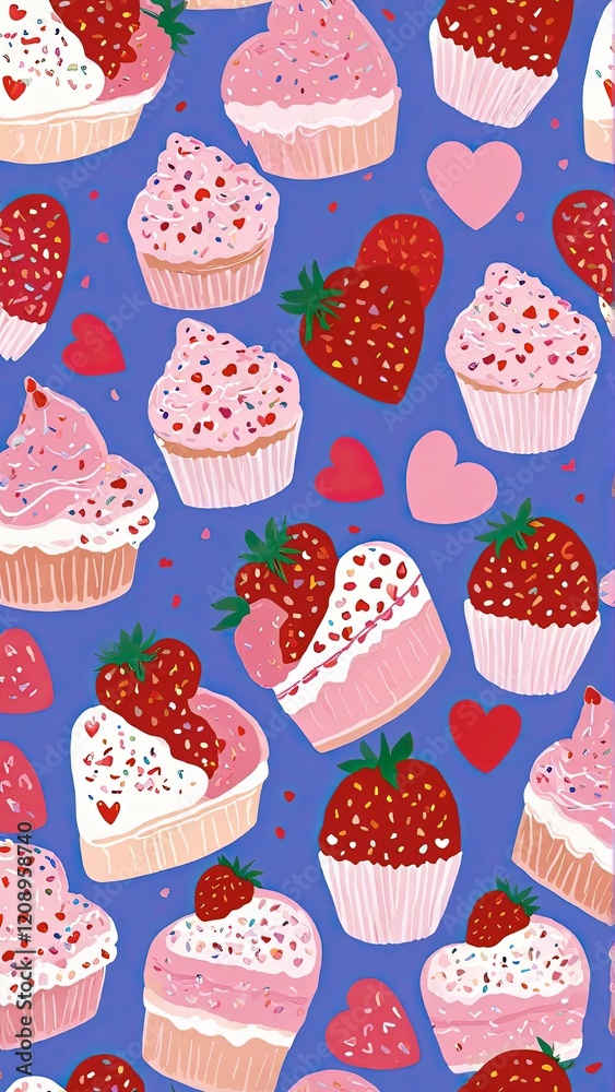 Hand drawn Sweetheart Cupcakes and Roses Pattern - Generative AI Hand drawn Sweetheart Cupcakes and Roses Pattern - Generative AI