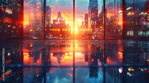 Wallpaper Mural Contemporary Urban Plaza with Skyscrapers Silhouette. Evening glow highlighting reflective surfaces and urban chic style. Torontodigital.ca