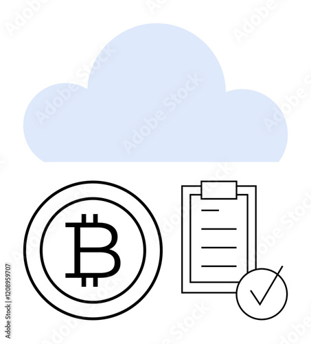 Blue cloud over Bitcoin coin icon, clipboard with checklist and tick. Ideal for fintech, cloud storage, cryptocurrency, digital wallets, blockchain, security organization. Abstract line flat