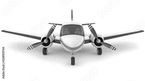 Front view of a sleek twin-engine airplane showcasing its aerodynamic design and powerful engines, isolated on a pristine white background
