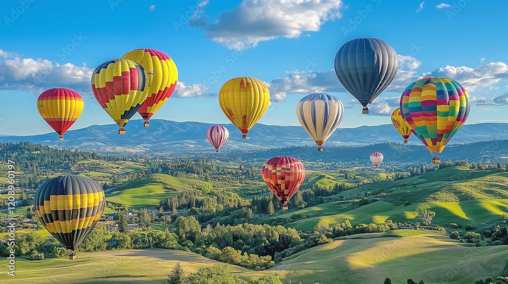 Naklejka premium Hot air balloons over a beautiful alpine village scenic view in sunny day. 