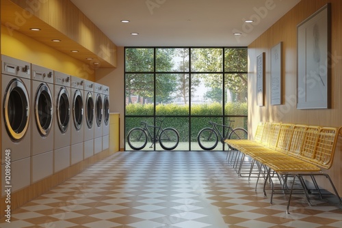 Modern Laundromat with Natural Light and Bikes photo