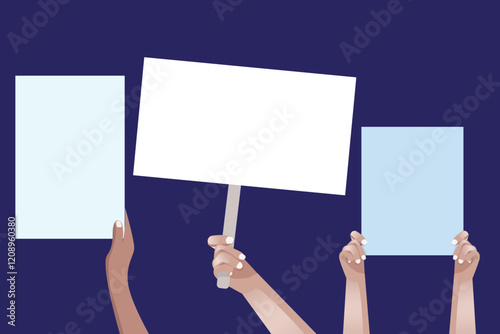 Hand holding blank placard. Placard with place for text. Hand with clean, white placard, clean paper