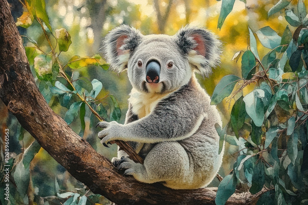 Obraz premium Koala perched on tree branch surrounded by greenery in serene Australian wilderness