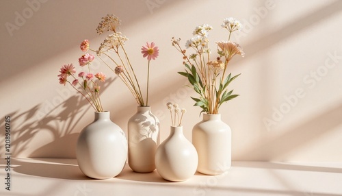 Wallpaper Mural Small ceramic vases with dried flowers on a solid color background. Torontodigital.ca