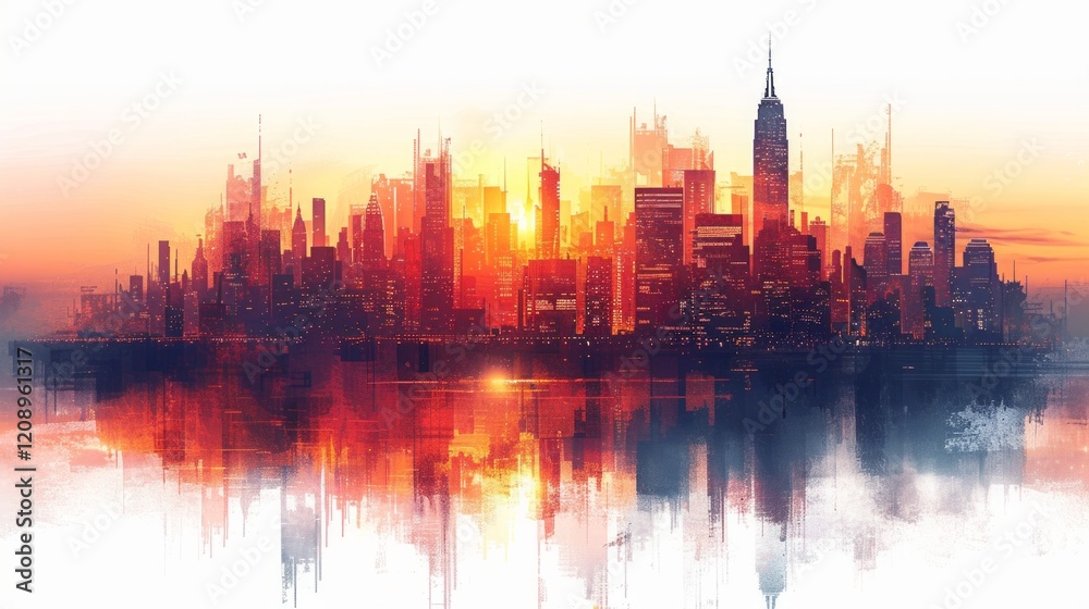 Fototapeta premium Silhouette of a city skyline at sunset with water reflection and an abstract brushstroke effect. AI generative. .