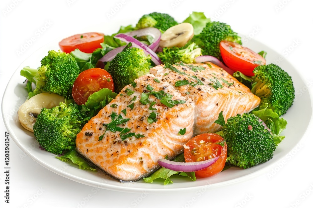 Grilled salmon fillet and fresh green vegetable salad with tomatoes, red onion and broccoli on a white plate. Healthy food. Ketogenic lunch. Top view. Grilled salmon fillet and fresh green vegetable salad with tomatoes, red onion and broccoli on a white plate. Healthy food. Ketogenic lunch. Top view.