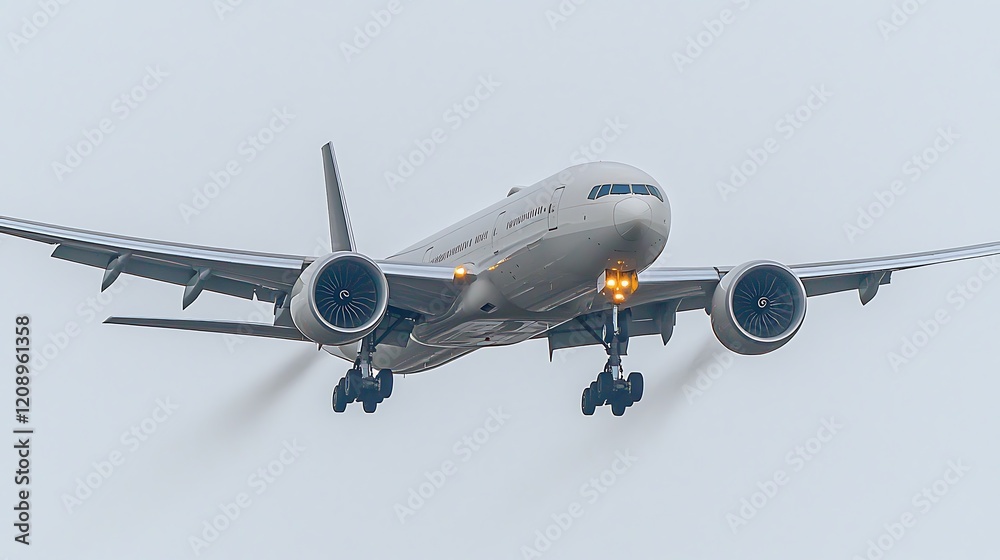 Fototapeta premium A front-facing perspective of a jetliner lifting off, with its engines roaring and wings angled slightly upward, set against a clean white backdrop