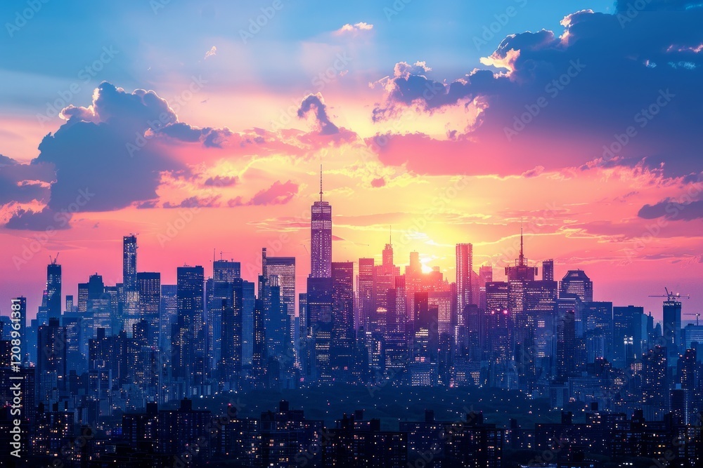 Fototapeta premium A silhouette of a cityscape with a vibrant sunset in the background. AI generative. .