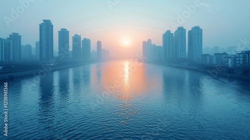 City skyline reflected in a blue river with a hazy sunset. AI generative. .