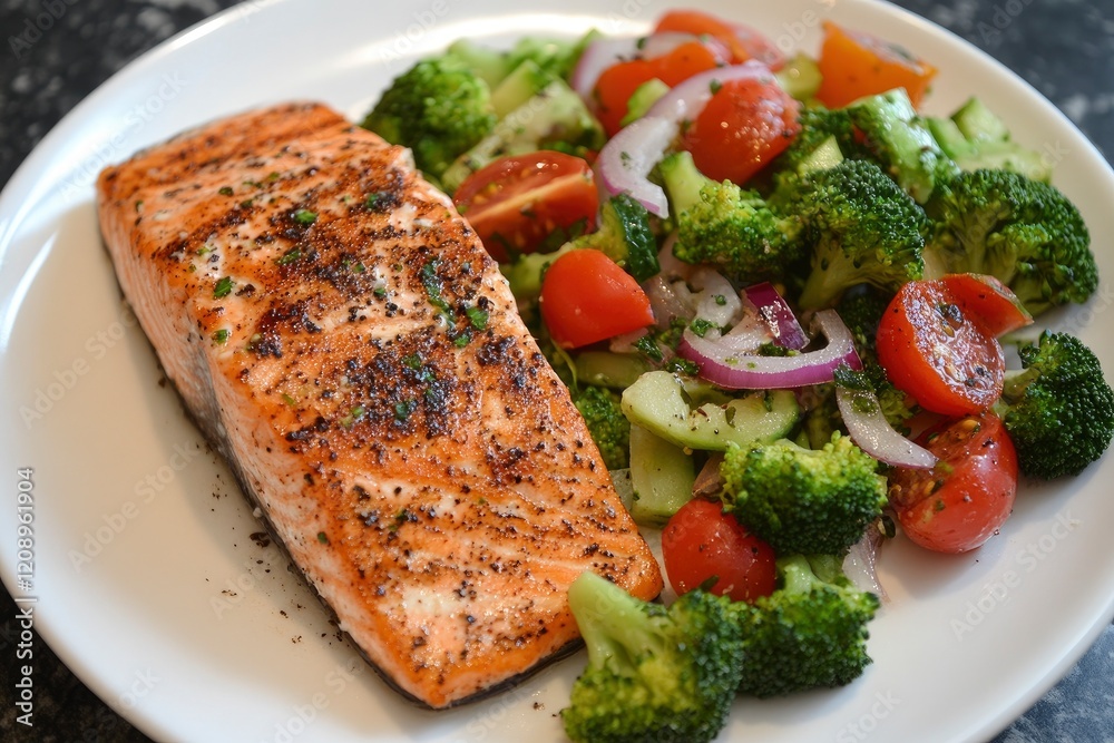 Grilled salmon fillet and fresh green vegetable salad with tomatoes, red onion and broccoli on a white plate. Healthy food. Ketogenic lunch. Top view. Grilled salmon fillet and fresh green vegetable salad with tomatoes, red onion and broccoli on a white plate. Healthy food. Ketogenic lunch. Top view.