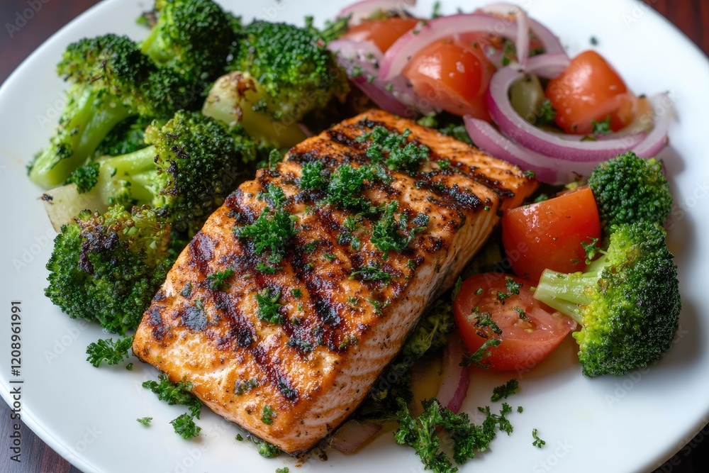 Grilled salmon fillet and fresh green vegetable salad with tomatoes, red onion and broccoli on a white plate. Healthy food. Ketogenic lunch. Top view. Grilled salmon fillet and fresh green vegetable salad with tomatoes, red onion and broccoli on a white plate. Healthy food. Ketogenic lunch. Top view.
