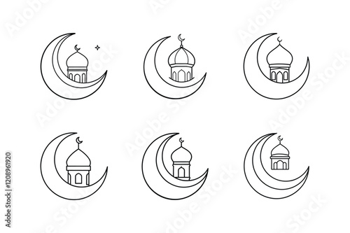 crescent moon with mosque dome icon line art vector illustration